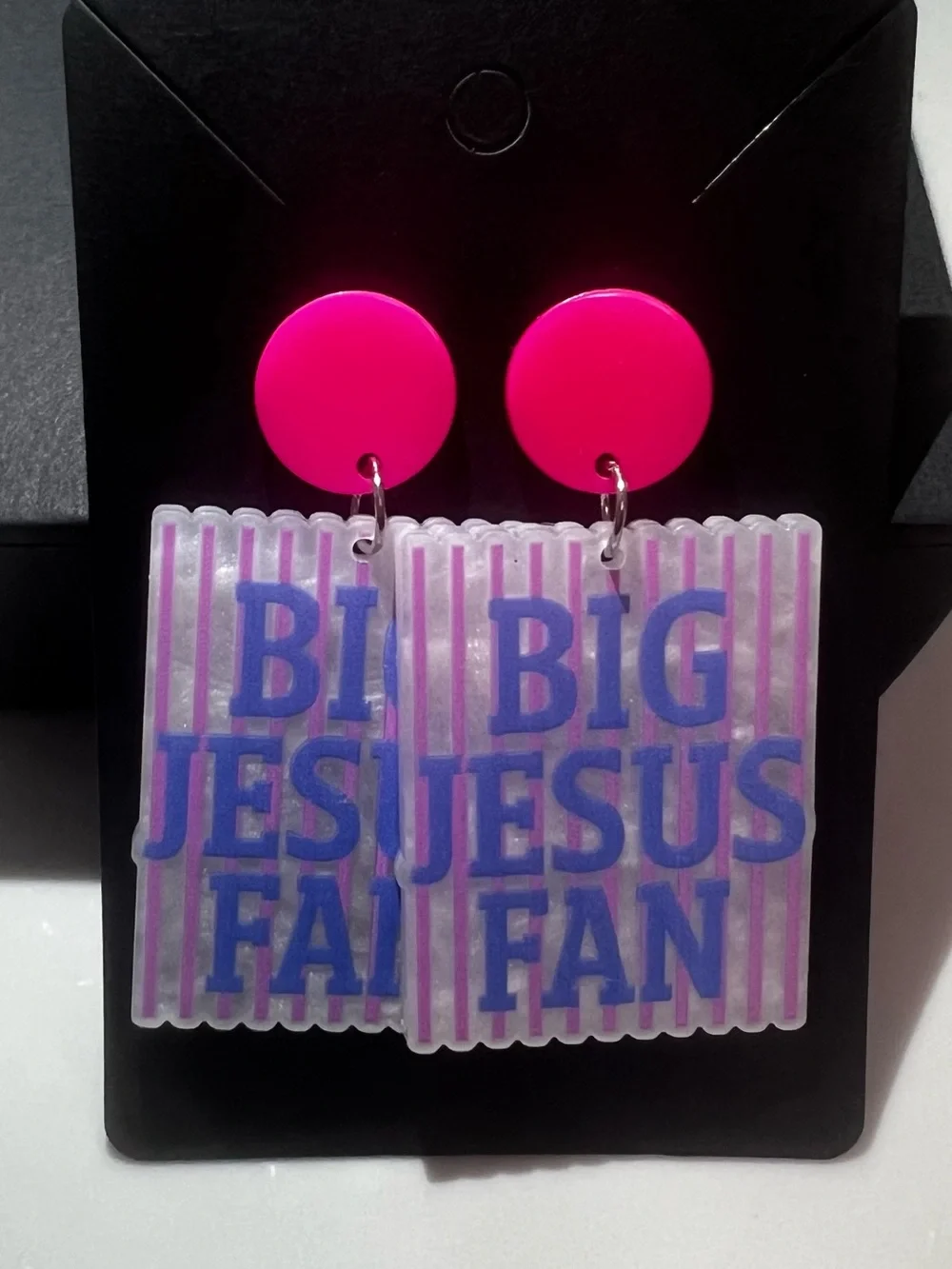 Big Jesus Fan Statement Earrings - Hot Pink & Blue - Picture 1 of 2